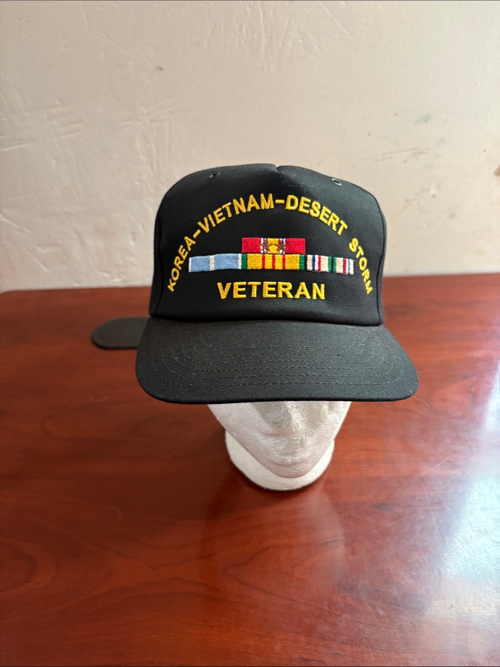 Veteran Embroidered Black Cap - Korea Vietnam Desert Storm Ribbon Design